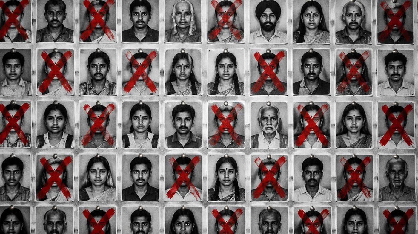 Wall of voter photos with names crossed out in red